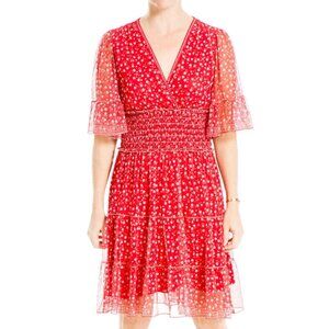 Max Studio Floral Tiered Ruffle Boho Red Midi Dress V-Neck Empire Waist Size XL